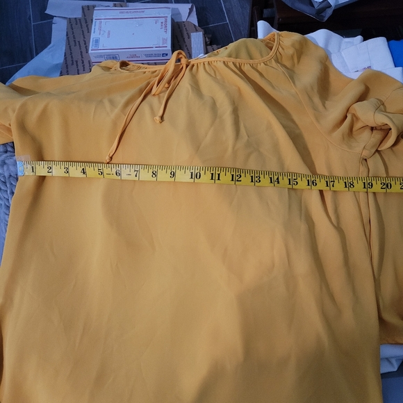 Women S Mustard Yellow V Neck Blouse Sheer Sleeve Detail Loose Casual Top